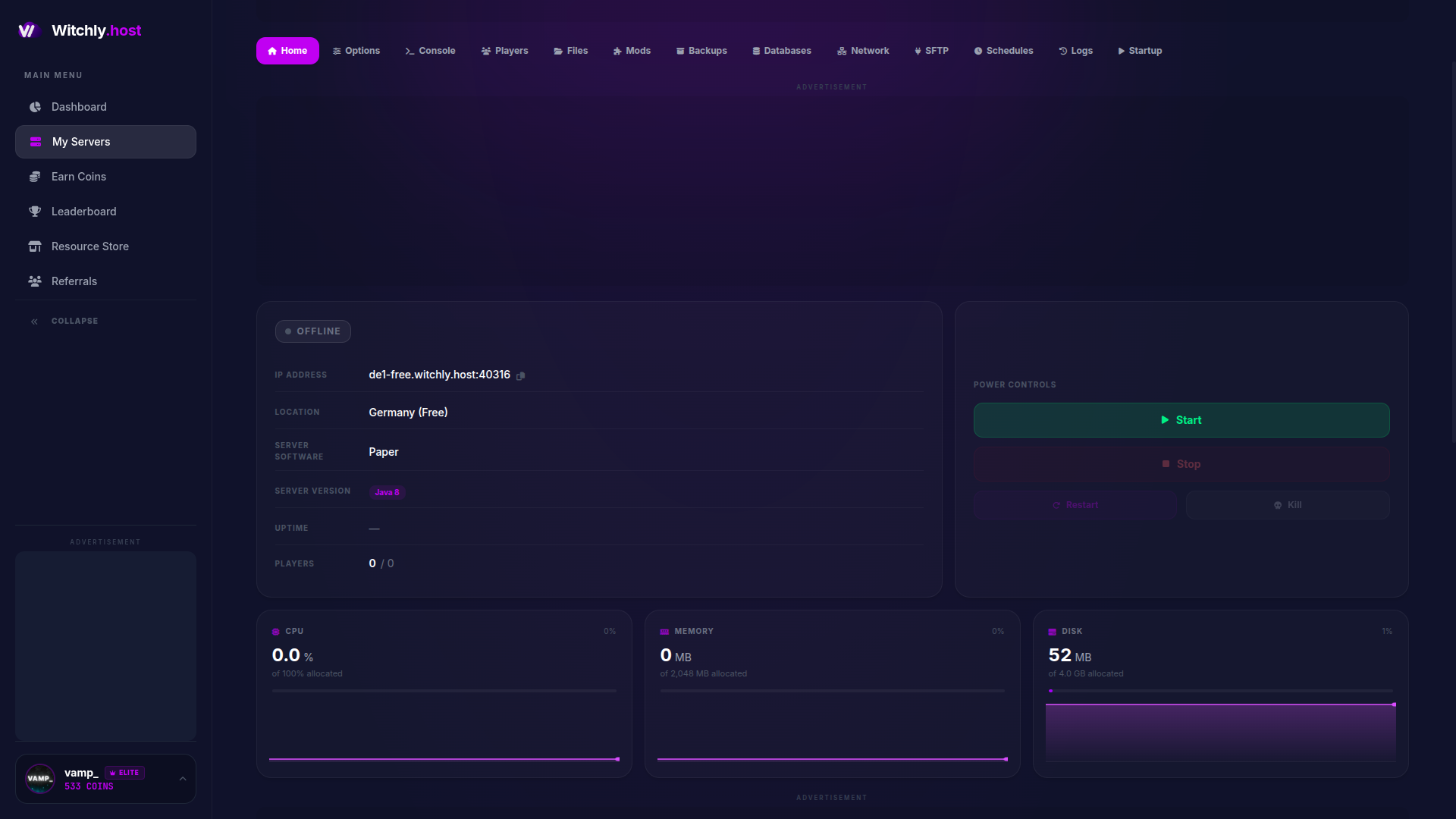Witchly control panel showing server console and file manager